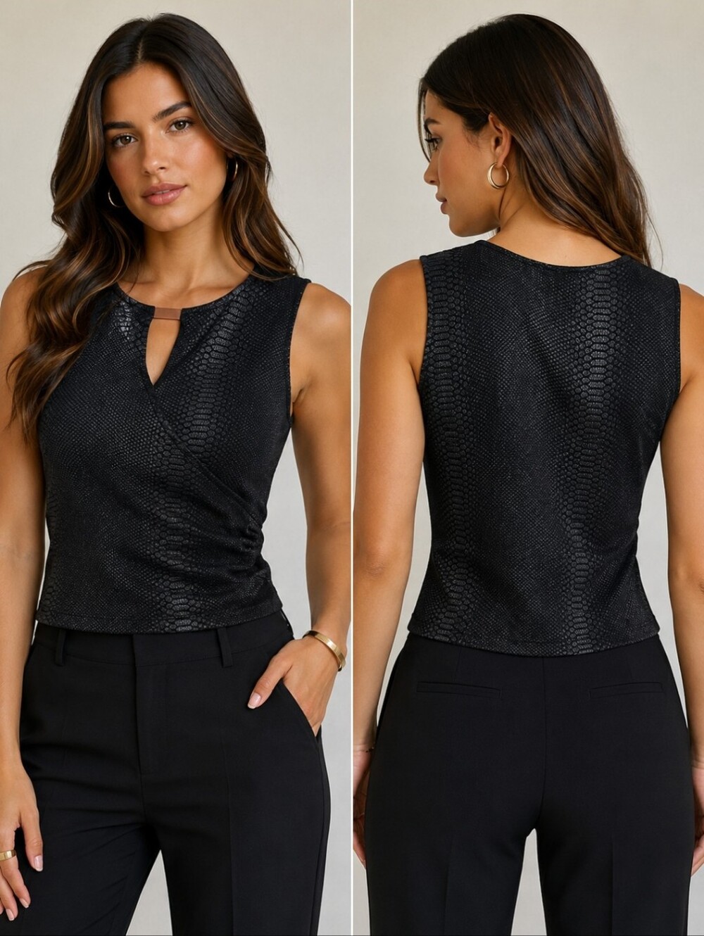 Tahari Black Sleeveless V-Notch Textured Shell Top